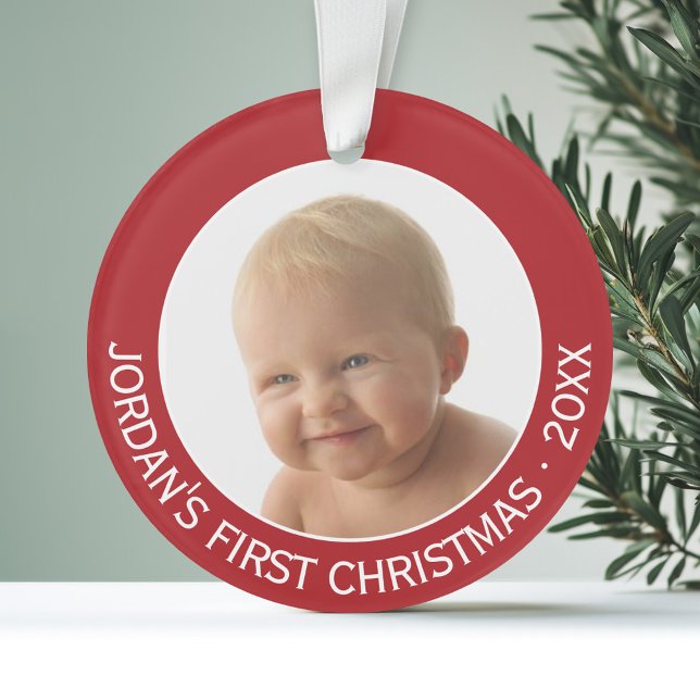 Adorno Primer año y nombre personalizado de foto navideña (Personalized Ornament with Photo - First Christmas)
