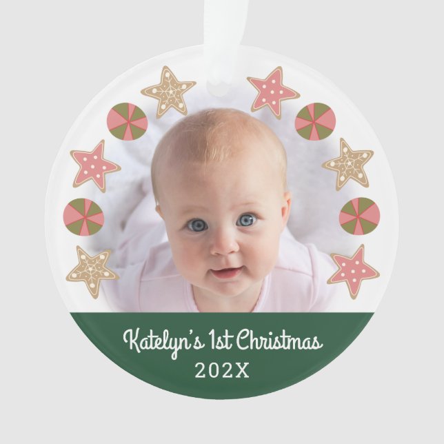 Adorno Primer bebé de Navidad Foto Gingerbread Chica Gree (Anverso)