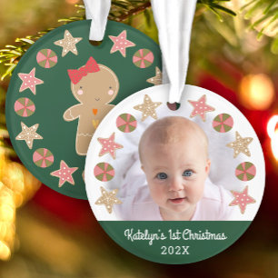 Adorno Primer bebé de Navidad Foto Gingerbread Chica Gree