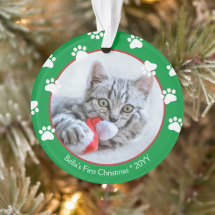 Adorno Primer Navidad de Gatito Adorable Huellas Verdes