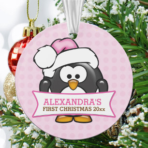 Adorno Primer Navidad de Pingüino Rosa Adorable