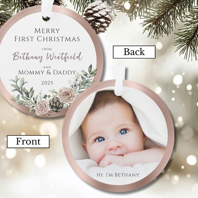 Adorno Primer Navidad del Bebé Rosa de Oro Recuerdo Fotog (Baby's First Christmas Rose Gold Photo Keepsake Acrylic Ornament Gift for Family and Friends)