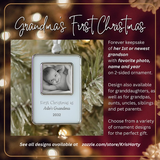 Adorno Primer nombre de foto personalizada para Navidades (First Christmas as Grandma to 1st or newest grandson. Gift her this forever keepsake she'll love.)