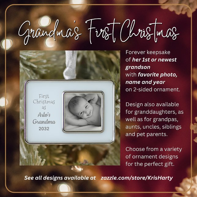 Adorno Primer nombre de foto personalizada para Navidades (First Christmas as Grandma to grandson. Gift her this keepsake she'll treasure forever.)