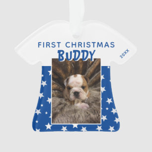 Adorno Primer patrón navideño Estrella azul foto de perro