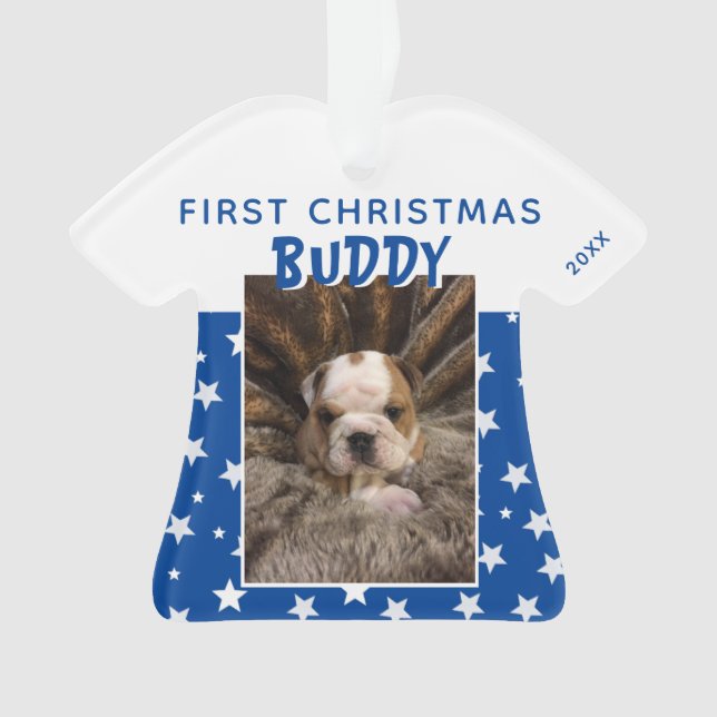 Adorno Primer patrón navideño Estrella azul foto de perro (Anverso)