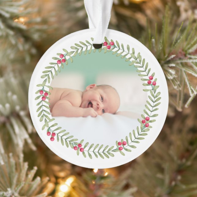 Adorno Primera fiesta verde navideña Wreath Baby Photo (Árbol)