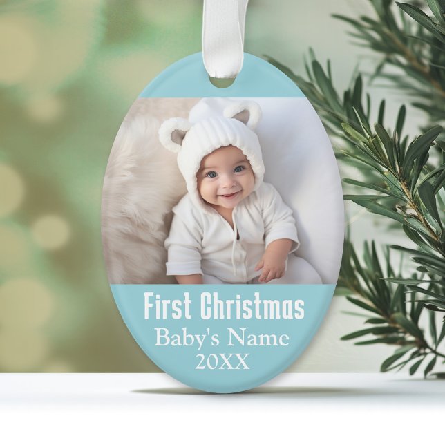 Adorno Primera foto de Navidad del bebé - fondo de un niñ (Personalized First Christmas Ornament)