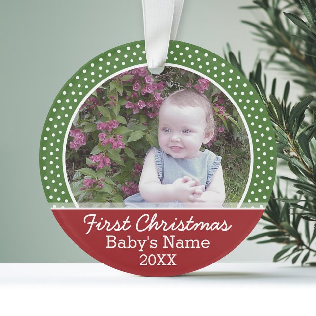 Adorno Primera foto de Navidad del bebé - Rojo y Verde (Personalized Ornament with Photo - First Christmas)
