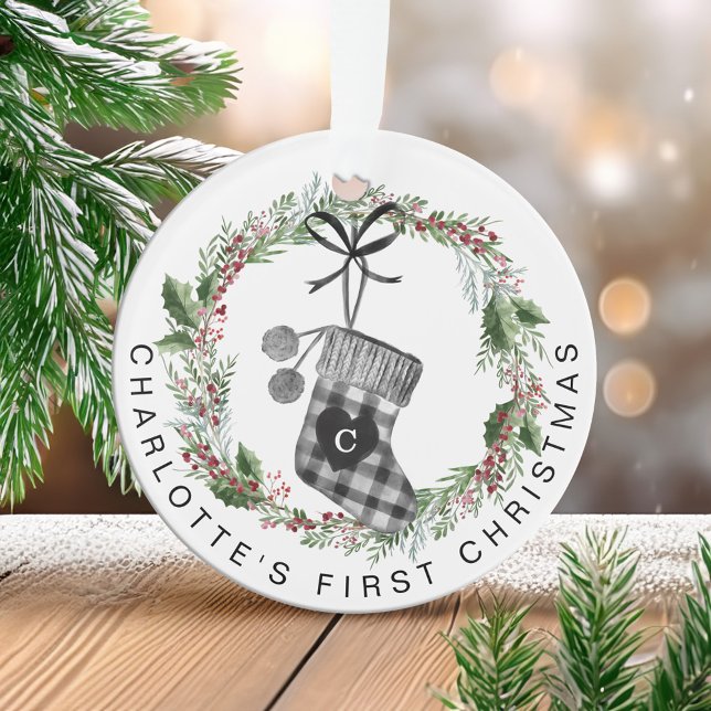 Adorno Primera imagen de Navidad del bebé, fotografía de  (Baby's First Christmas Plaid Stocking Wreath Photo Ornament)