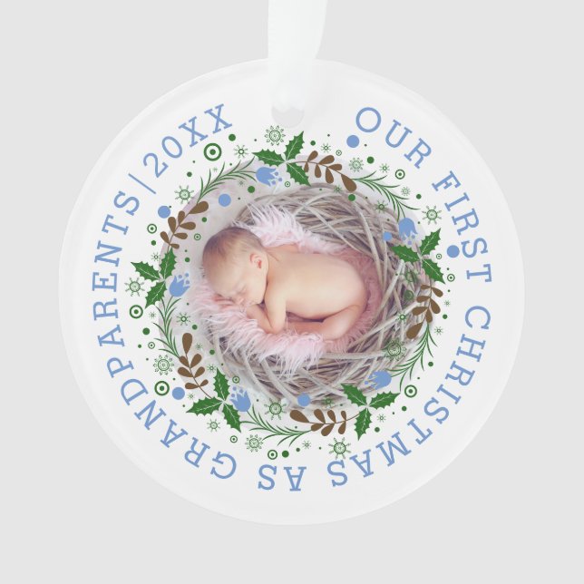 Adorno Primera Navidad como abuelos con foto azul (Anverso)