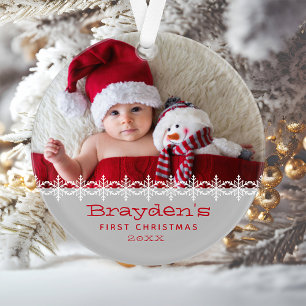 Adorno Primera Navidad del Bebé Foto Personalizada Gris R