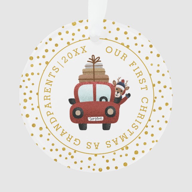 Adorno Primera Navidad: foto de oro en auto de los abuelo (Anverso)