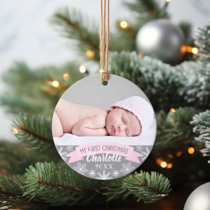 Adorno Primera Navidad Luz Rosa Foto de Bebé Niña