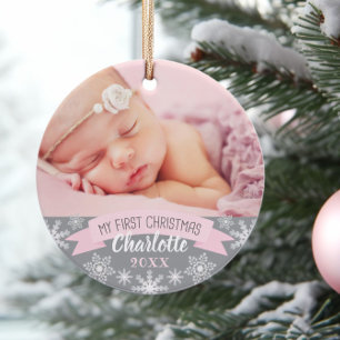 Adorno Primera Navidad Luz Rosa Foto de Bebé Niña