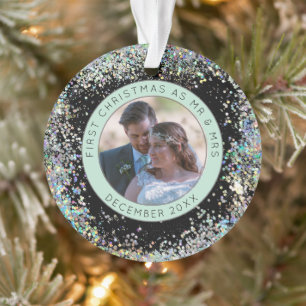 Adorno Primera Navidad Mr. Mrs. Photo Name Faux Purpurina