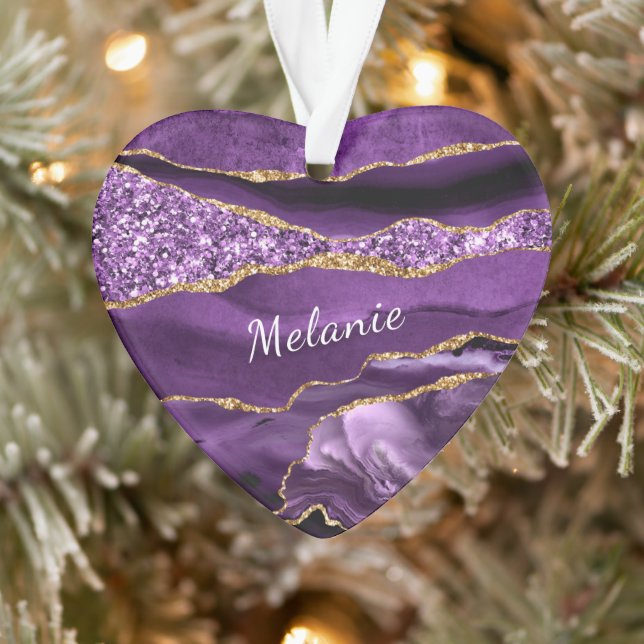 Adorno Purple Gold Marble Christmas Ornamet Custom Name (Árbol)