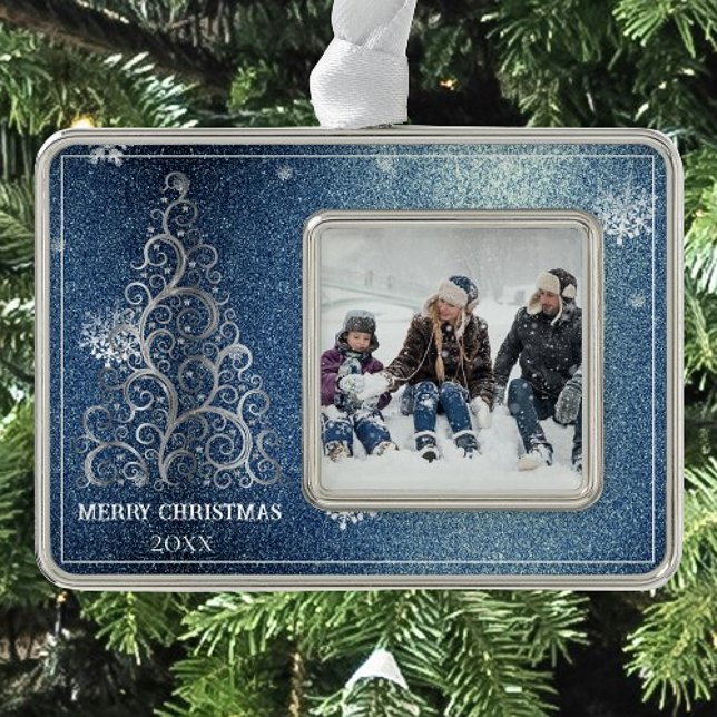 Adorno Purpurina de árbol de Navidad y copos de nieve | A (Blue Christmas Tree Glitter and Snowflakes Ornament)