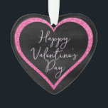Adorno Purpurina rosado caliente sobre El día de San Vale<br><div class="desc">Este adorno de personalizado conserva un diseño romántico de San Valentín. El fondo es un patrón de Relieve metalizado negro con un marco cardíaco purpurina rosado caliente que bordea el texto. Un saludo de "Feliz Día de San Valentín" está impreso en el centro en un elegante tipo de letra.</div>