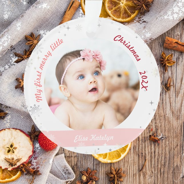 Adorno Recién nacido 2 Fotos Mis Primeros Navidades (Modern Elegant Cute My First Merry Little Christmas Baby Personalized Name 2 Photos Snowflakes Stars)