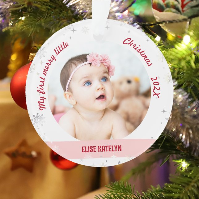 Adorno Recién nacido 2 Fotos Mis Primeros Navidades (Modern Elegant Cute My First Merry Little Christmas Baby Girl 2 Photos Snowflakes Stars Minimalist)