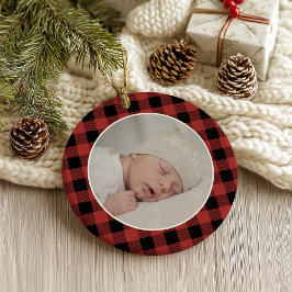 Adorno RED BUFFALO PLAID NAME Photo Christmas Keepsake