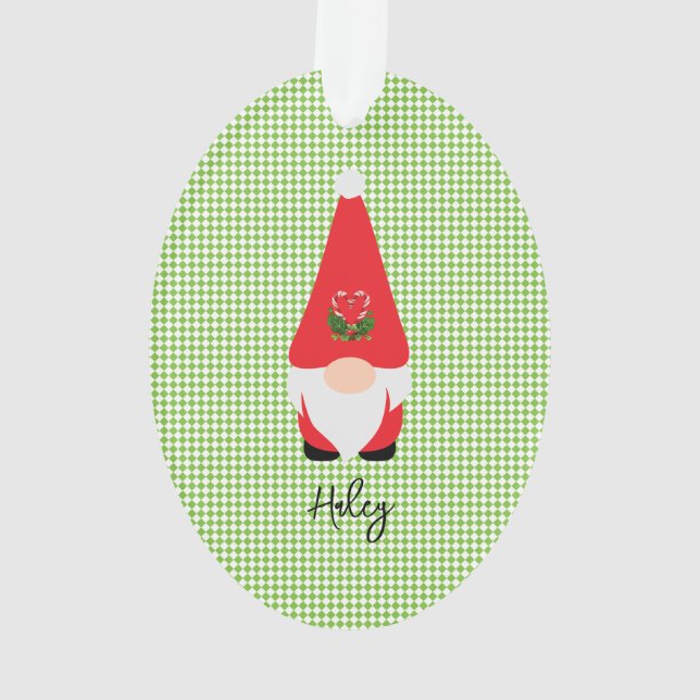 Adorno Red Gnome Green Checker NOMBRE Año Navidades de di (Reverso)