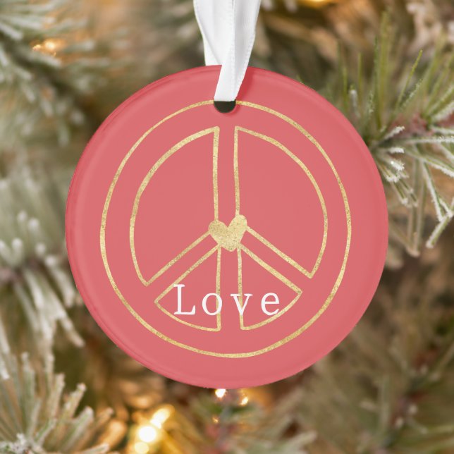 Adorno Red Gold Heart Peace Sign Love Christmas (Árbol)