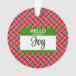 Adorno Red Plaid Green Nametag Hola Mi Nombre Es Joy XMAS