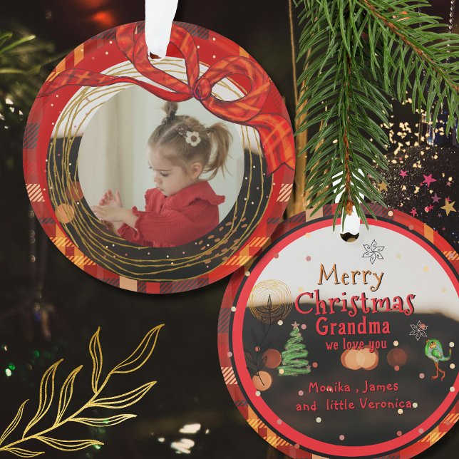 Adorno Red Plaid Photo Ornament with Hand-Drawn Ribbon (Red Plaid Photo Ornament with Hand-Drawn Ribbon)