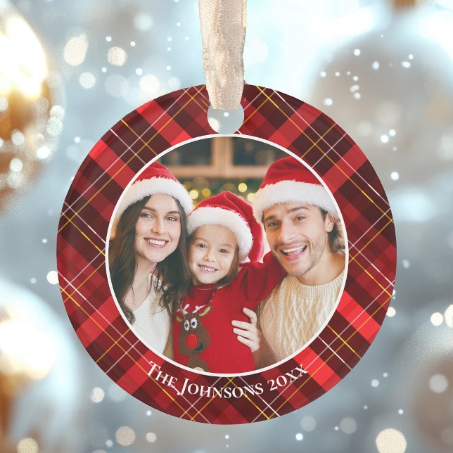 Adorno Red Plaid Tartan Family Photo 2 Sided Christmas (Subido por el creador)