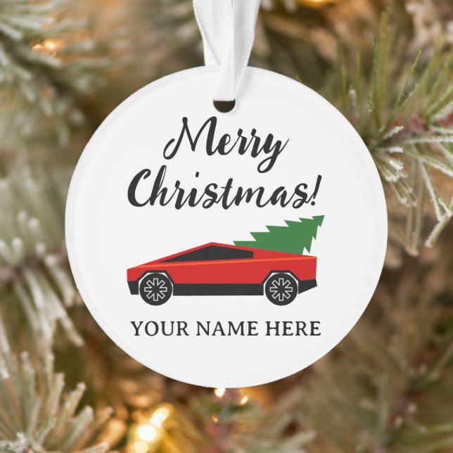 Adorno Red Tesla pickup truck with Christmas tree (Árbol)