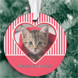 Adorno Red & White Stripes Custom Cat Photo Heart Holiday