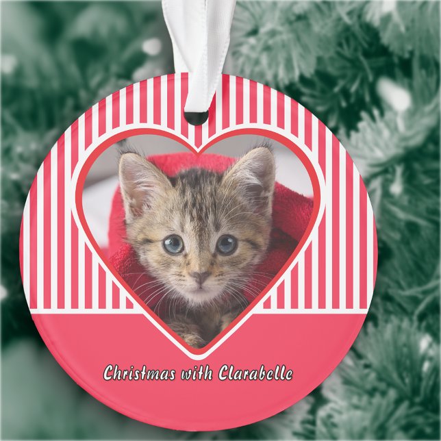 Adorno Red & White Stripes Custom Cat Photo Heart Holiday (Subido por el creador)