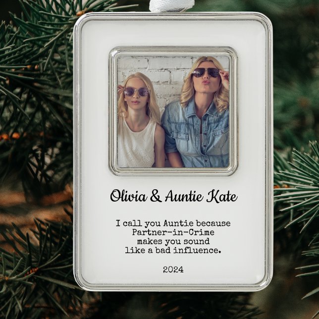 Adorno Regalo de Tía/Tía Personalizado Navidades de fotog (Aunt Photo Gift Modern White Design. Custom Typography)