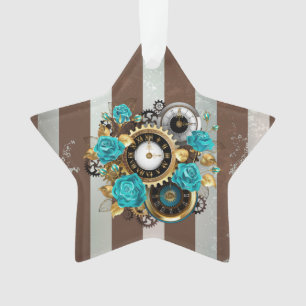 Adorno Reloj Steampunk y rosas turquesas a rayas