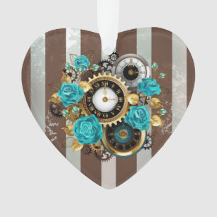 Adorno Reloj Steampunk y rosas turquesas a rayas