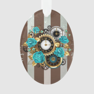 Adorno Reloj Steampunk y Rosas Turquesas sobre Rayas