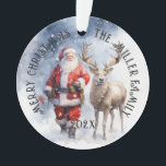 Adorno Reno de Santa Vieja Personalizado<br><div class="desc">Este ornamento con temática de Navidades presenta Santa con reno vintage y texto de personalizable es un adorno perfecto para cualquier árbol de Navidad. Usted puede cambiar fácilmente su apellido y el año para hacer de este adorno único su.</div>