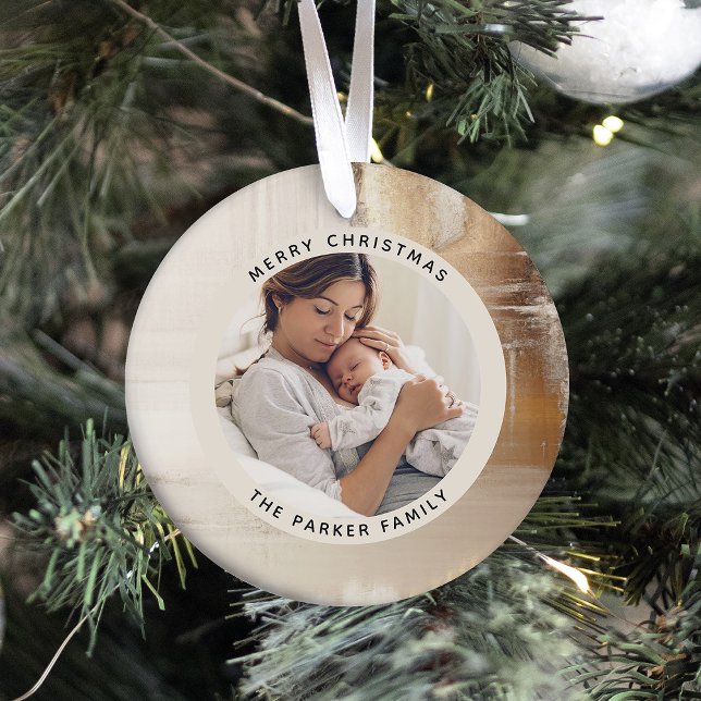 Adorno Resumen de oro | Dos fotos familiares (An elegant, modern photo ornament for Christmas with a faux gold and neutral abstract pattern)