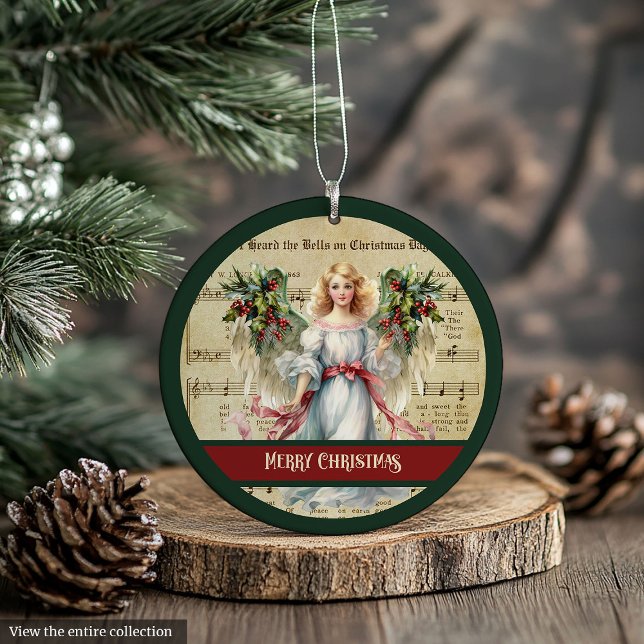 Adorno Retro Christmas Ornament Green Red Angel Design (Retro Christmas Ornament Green Red Angel Design)