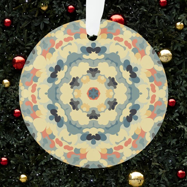 Adorno Retro Mandala azul amarillo y rojo (Blue Red and Tan Retro Mandala Ornament by Wormhole Orbital)