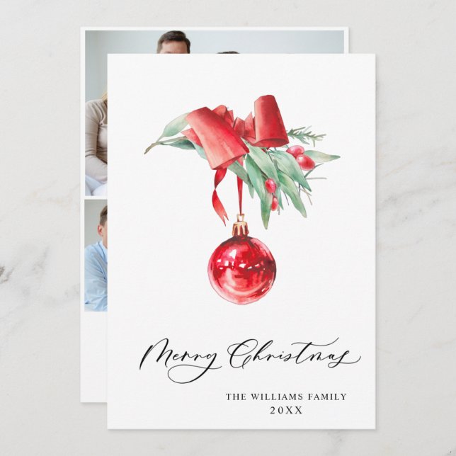 Adorno Rojo Elegante Tarjeta de Navidad 3 FOTO (Anverso / Reverso)