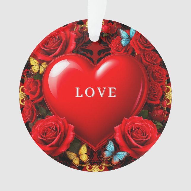 Adorno Romantic Red Heart Framed by Roses and Butterflies (Anverso)