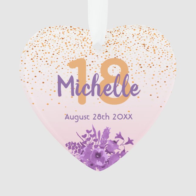 Adorno rosa de 18 años oro confetti morado (Anverso)