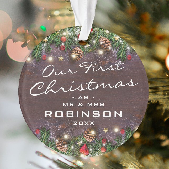 Adorno Rustic First Christmas Mr & Mrs Newlyweds (Subido por el creador)