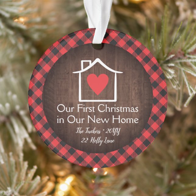 Adorno Rustic First Christmas New Home Heart Plaid Photo (Árbol)