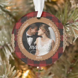 Adorno Rustic Wood Grain Plaid First Christmas Married 