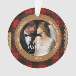 Adorno Rustic Wood Grain Plaid First Christmas Married 