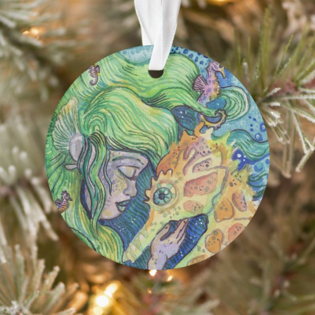 Adorno Seahorse Whisperer Mermaid acuarela arte (Árbol)